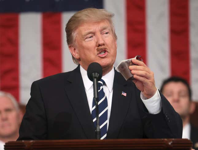 Image for article titled Parched Trump Takes Quick Sip From Pudding Cup Between Talking Points