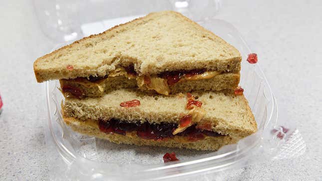 peanut butter and jelly sandwich in plastic clamshell packaging