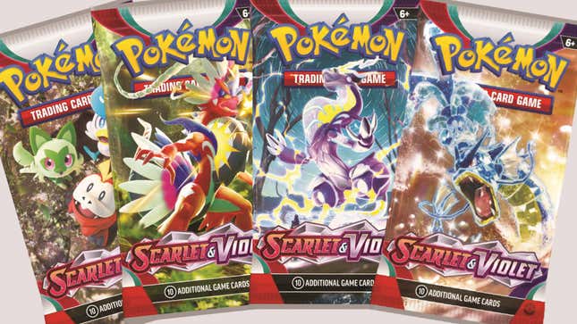 Four Pokemon Scarlet & Violet packs are laid out.
