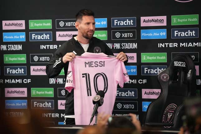 Aug 17, 2023; Ft. Lauderdale, FL, USA;  Lionel Messi of Inter Miami CF addresses the media at the DRV PNK Stadium Press Conference Room.