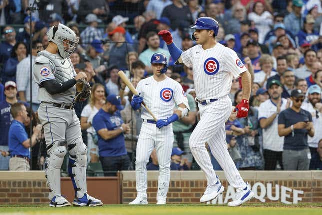 May 23, 2023; Chicago, Illinois, USA; Chicago Cubs first baseman Matt Mervis (22) crosses home plate after hitting a two-run home run against the New York Mets during the second inning at Wrigley Field.