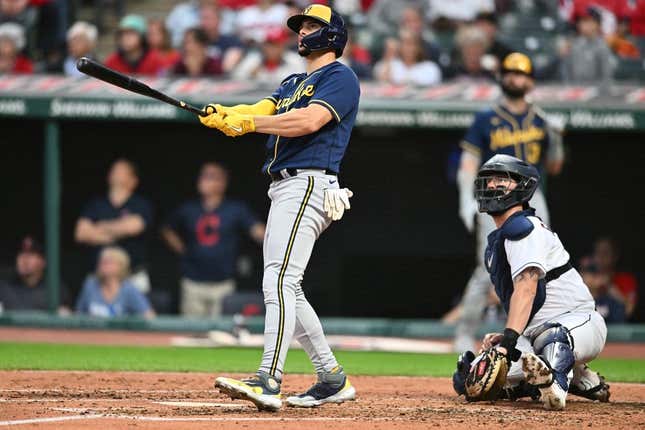 Jun 23, 2023; Cleveland, Ohio, USA; Milwaukee Brewers shortstop Willy Adames (27) and Cleveland Guardians catcher Cam Gallagher (35) watch the flight of the home run hit by Adames during the sixth inning at Progressive Field.