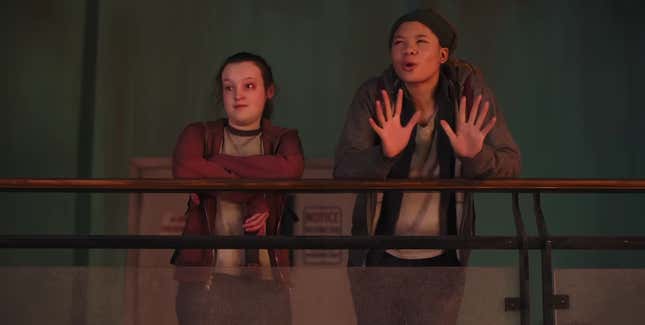 Ellie and Riley are seen standing over a balcony and leaning on the guard rail.