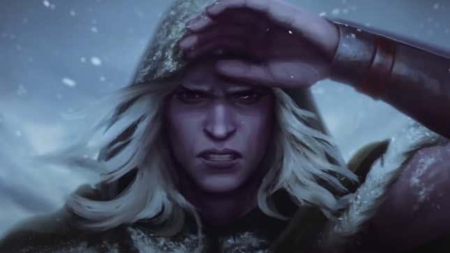 Drizzt Do'Urden raises a hand to his hooded head to protect his vision in a snowstorm.