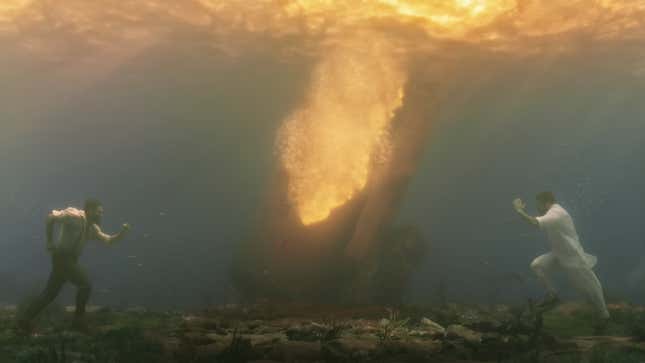 Two men run toward each other under water and fire.