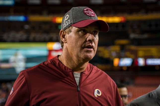 Former head coach Jay Gruden of the Washington Football Team leaves the field after the game against the Chicago Bears at FedExField on September 23, 2019 in Landover, Maryland.