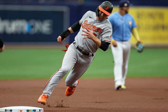 Jul 23, 2023; St. Petersburg, Florida, USA;  Baltimore Orioles third baseman Gunnar Henderson (2) rounds this base to score  Arun against the Tampa Bay Rays in the first inning at Tropicana Field.