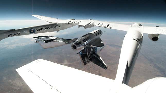 Virgin Galactic’s VSS Unity rocket plane is dropped from its carrier aircraft during a test flight.