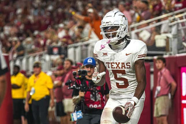 Sep. 9, 2023; Tuscaloosa, Alabama; Texas Longhorns wide receiver Adonai Mitchell (5) celebrates a touchdown against Alabama at Bryant-Denny Stadium on Saturday, Sep. 9, 2023 in Tuscaloosa, Alabama.
