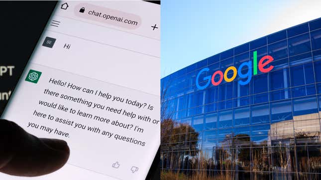 Una foto de un teléfono usando ChatGPT y la sede de Google