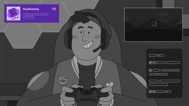 A cartoon streamer playing a game, with overlays showing what is allowed per Twitch's new ad rules.
