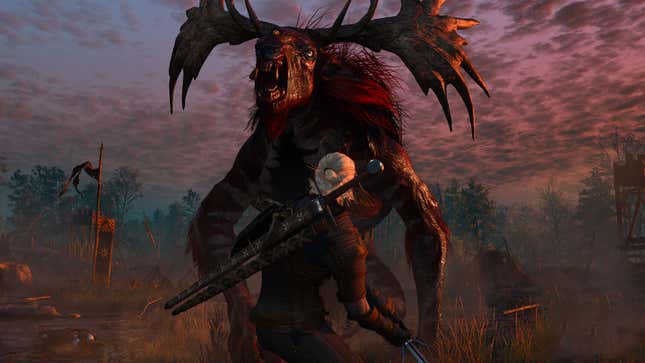 Geralt faces off against a massive creature with elk antlers.