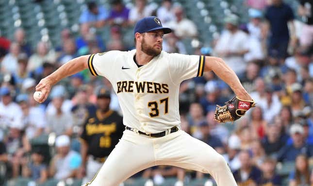 Aug 3, 2023; Milwaukee, Wisconsin, USA; Milwaukee Brewers starting pitcher Adrian Houser (37) delivers a pitch in the first inning against the Pittsburgh Pirates at American Family Field.