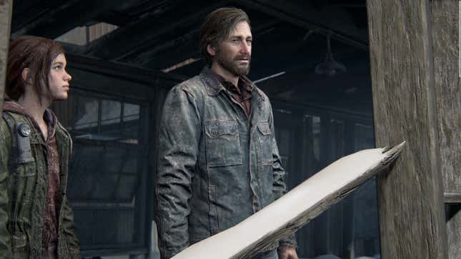 Ellie and David are seen standing at a dilapidated wooden balcony with snow sitting on the wreckage.