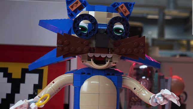A Lego Sonic is seen with glasses and mustache like Eggman.