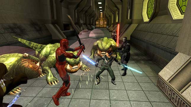 A Jedi fights the Sith and some weird lizard animals in a hallway.
