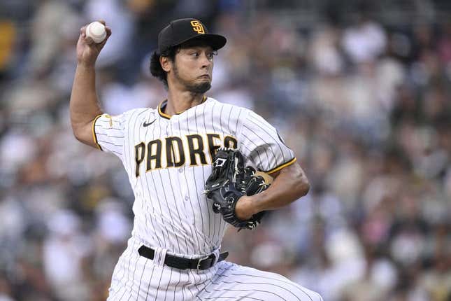 Aug 14, 2023; San Diego, California, USA; San Diego Padres starting pitcher Yu Darvish (11) throws a pitch against the Baltimore Orioles during the first inning at Petco Park.