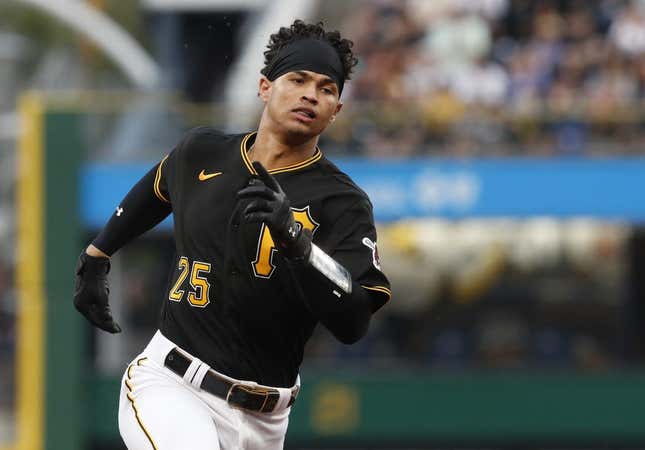Aug 1, 2023; Pittsburgh, Pennsylvania, USA;  Pittsburgh Pirates catcher Endy Rodriguez (25) runs to third base with an RBI triple against the Detroit Tigers during the second inning at PNC Park.
