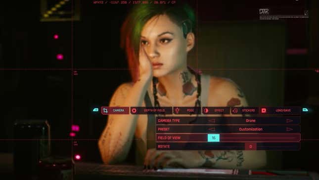 A character in Cyberpunk 2077 poses for the game's photo mode.
