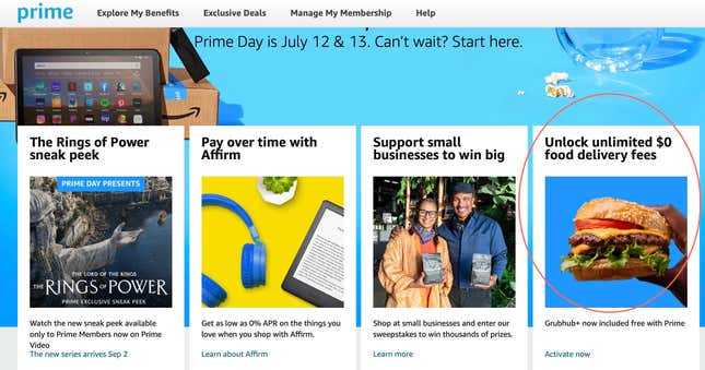Amazon Grubhub+ offer on site