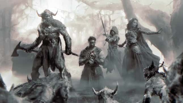 Characters from Diablo IV stand in the woods while surrounded by enemies.