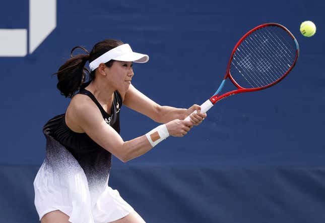 Aug 31, 2021; Flushing, NY, USA; Nao Hibino of Japan in action against Fiona Ferro of France in a first round match on day two of the 2021 U.S. Open tennis tournament at USTA Billie King National Tennis Center.