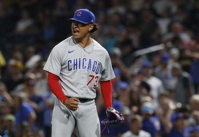 Aug 26, 2023; Pittsburgh, Pennsylvania, USA;  Chicago Cubs relief pitcher Adbert Alzolay (73) reacts after defeating the Pittsburgh Pirates at PNC Park. Chicago won 10-6.