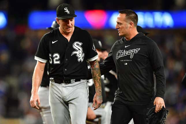 Jun 14, 2023; Los Angeles, California, USA; Chicago White Sox starting pitcher Mike Clevinger (52) goes to the dugout after suffering an apparent injury against the Los Angeles Dodgers/ during the fifth inning at Dodger Stadium.