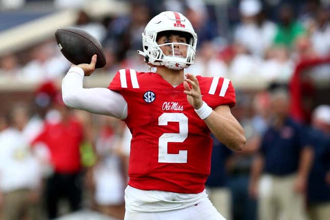 Sep 2, 2023; Oxford, Mississippi, USA; Mississippi Rebels quarterback Jaxson Dart (2) passes the ball during the first half against the Mercer Bears at Vaught-Hemingway Stadium.