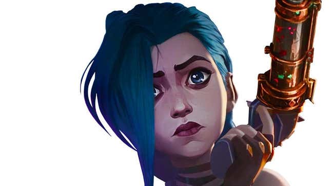 The blue-haired Jinx looks wistful while holding up a pistol in Arcane.