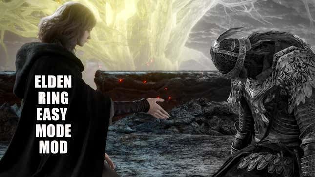A meme-style Elden Ring image depicts Melina, superimposed with the words "Easy Mode Mod," extending her hand to a collapsed Tarnished.