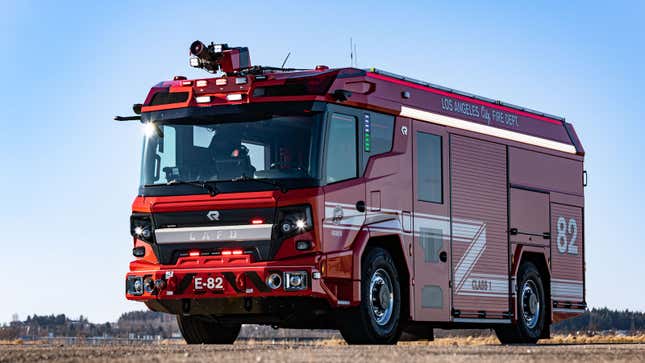 A photo of a Rosenbauer hybrid electric fire truck. 