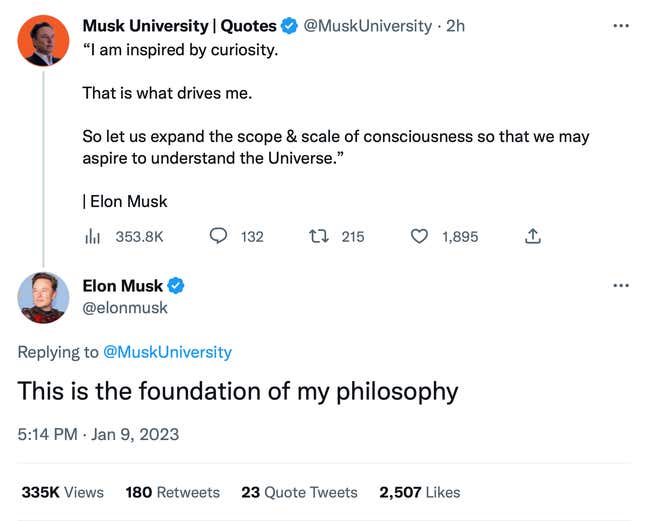 A screenshot of Elon agreeing with a quote he said about curiosity.