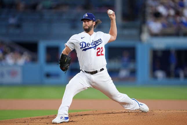 Los Angeles Dodgers pitcher Clayton Kershaw (22) argues with first