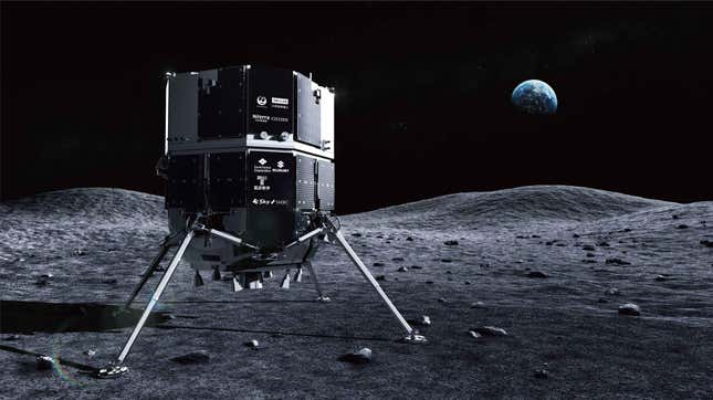 An illustration of the Apex 1.0 lunar lander on the surface of the Moon.