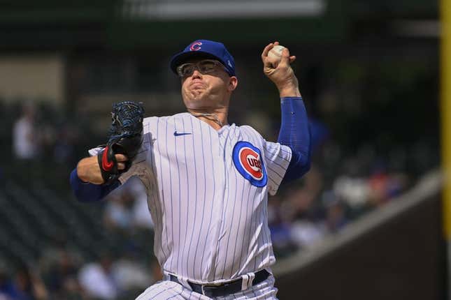 Sep 6, 2023; Chicago, Illinois, USA;  Chicago Cubs starting pitcher Jordan Wicks (36) delivers a pitch against the San Francisco Giants during the first inning at Wrigley Field.