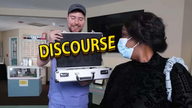 An image of YouTuber Jimmy "MrBeast" Donaldson holding a steel case in his hands with the word "discourse" popping out of it, another woman standing next to him.