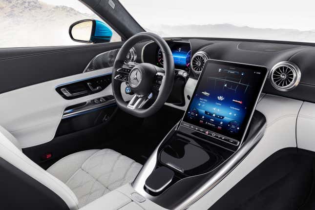 The white and black interior of the 2023 Mercedes AMG SL43