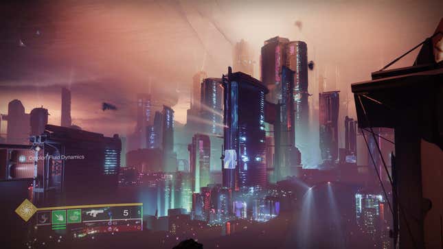 Neomuna's skyline looks straight out of Cyberpunk 2077.