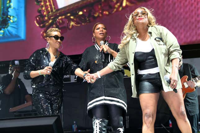 NEW YORK, NEW YORK - AUGUST 05: (L-R) MC Lyte, Queen Latifah, and Yo-Yo perform during Rock The Bells Festival at Forest Hills Stadium on August 05, 2023 in New York City.