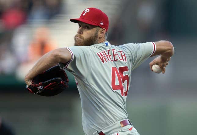 May 16, 2023; San Francisco, California, USA; Philadelphia Phillies starting pitcher Zack Wheeler (45) delivers a pitch against the San Francisco Giants during the first inning at Oracle Park.