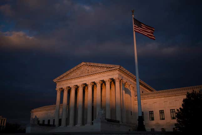 WASHINGTON, DC - NOVEMBER 29: A view of the U.S. Supreme Court at sunset on November 29, 2021 in Washington, DC. On Wednesday, the Supreme Court will hear a case concerning a Mississippi law that would ban abortions after 15 weeks of pregnancy. (Photo by Drew Angerer/Getty Images)