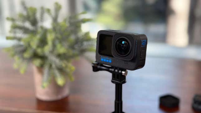A GoPro Hero12 Black on a stand near a potted plant in front of a window.