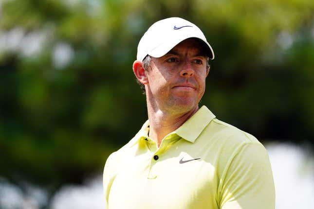 Aug 26, 2023; Atlanta, Georgia, USA; Rory McIlroy reacts to his putt on the third green during the third round of the TOUR Championship golf tournament at East Lake Golf Club.