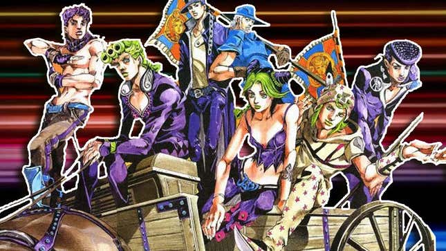 JoJo's Bizarre Adventure protagonists ride the back of a horse carriage. 