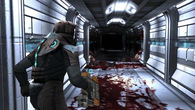 A man in a space suit walks down a space station's hallway that is covered in blood.