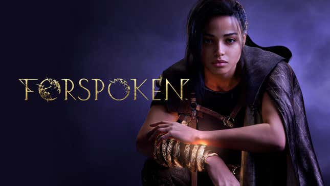 Forspoken's Frey Holland stands in front of a smokey purple background with her hand over her magical glowing cuffs. 