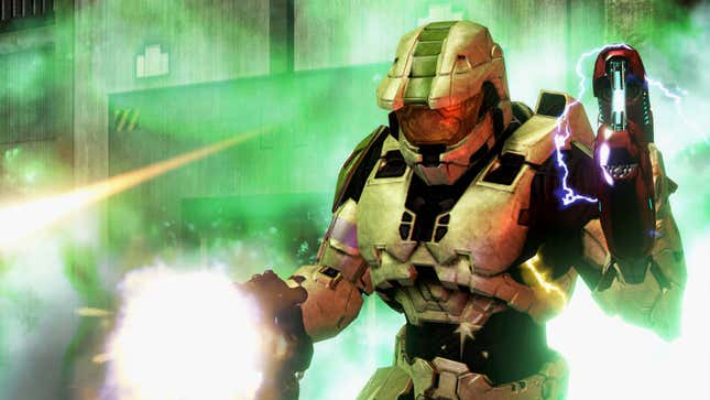 A screenshot shows a Spartan soldier from Halo 3 firing guns. 