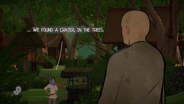 The protagonist of Heaven's Vault says that she found a crater, in the trees, while a man looks on.
