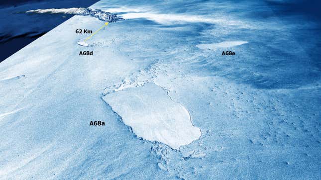 A 3D synthetic-aperture radar (SAR) view of iceberg A68a and its offspring on January 5, 2021, with South Georgia island in the background.